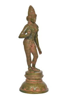 Brass Parvati statue angled view, intricate face detailing and beaded chest jewelry
