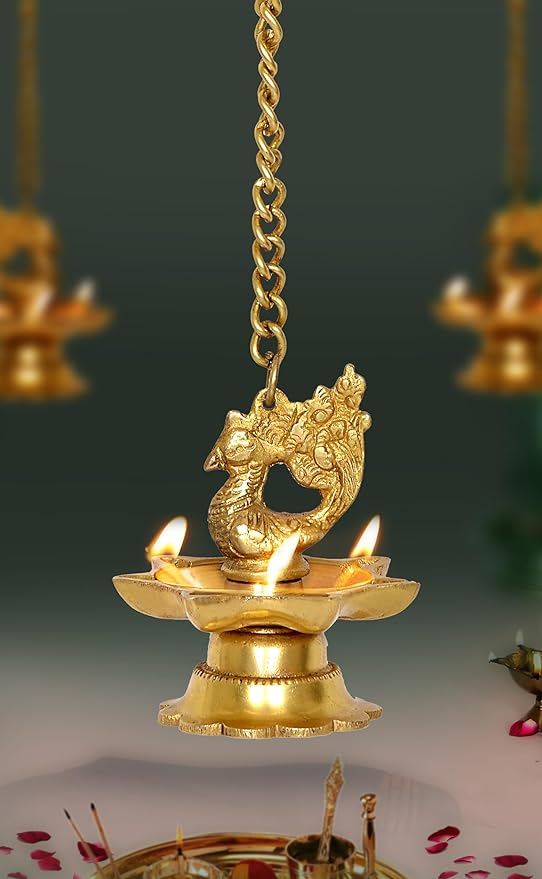 Brass hanging peacock diya with oil lamp base and chain, Diwali pooja