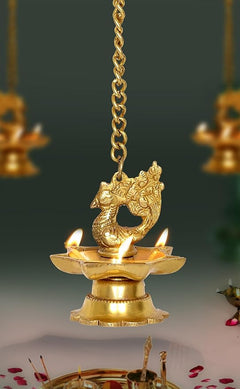 Brass hanging peacock diya with oil lamp base and chain, Diwali pooja
