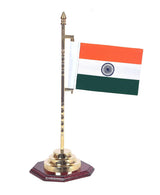 Brass tabletop flag stand with Indian tricolor flag on gold pole and round base
