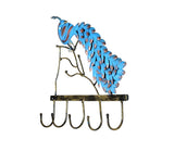 Peacock wall key holder in iron blue with curved tail and five front hooks