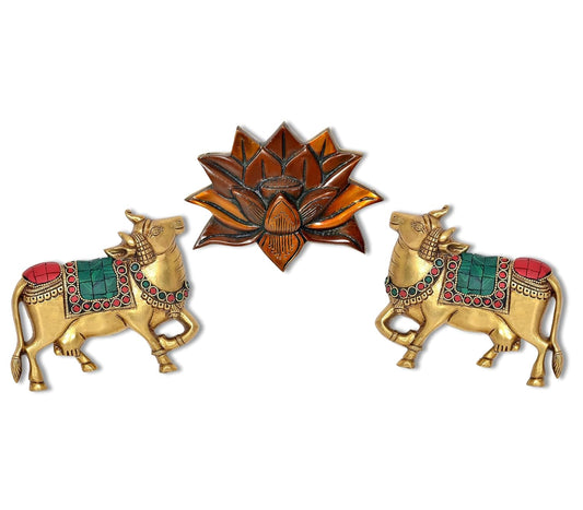 Brass Kamdhenu Cow with Lotus Flower Wall Hanging for Home Decor and Ofice Wall Decor Vastu Pooja Figurine | Pack of 3| (Height:5 inch) (Multicolor Kamdhenu Cow with Lotus Flower 2)