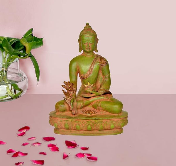 Brass Buddha Statue Bhumisparsha Pose (Green) (Height: 9 Inches)