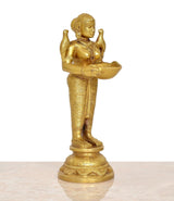 Brass Lakshmi deepam diya statue, angled view, holding oil bowl, gold-tone finish