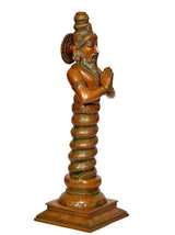 Brass Patanjali statue, angled view with cupped palms and textured robe pattern on stem.