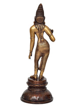 Brass Parvati statue, back view with carved back details and dark round base