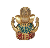 Brass Ganesha statue back view with ornate crown and blue-red beaded detailing