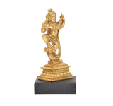 Dancing Bal Krishna brass statue with raised right arm, detailed ornaments, black base