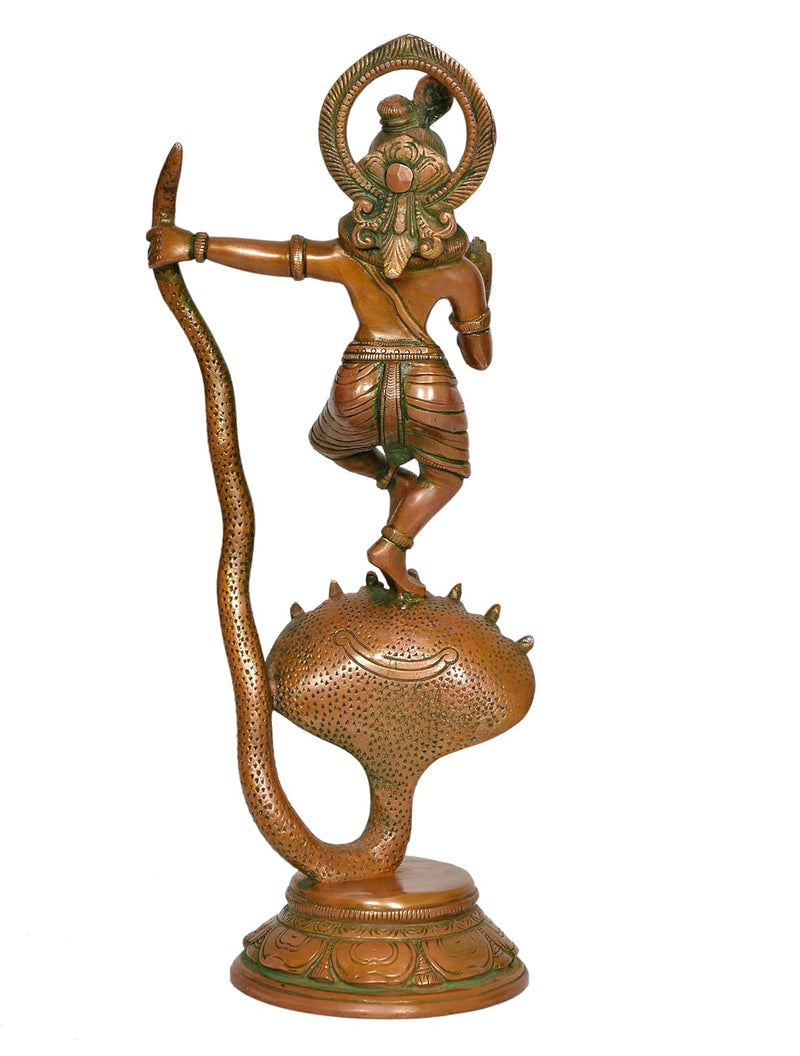 Brass Krishna Bhagwan Murti Dancing on Kaliya Naag - Religious Statue for Home Temple Pooja Decor (Height 13 Inch)