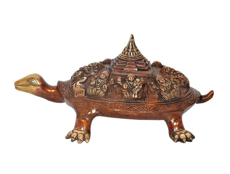 Brass Ashtalakshmi Shree Yantra on Tortoise Figurine Kachua Unique Home Decor Vastu Accent (Height: 6.5 inch)