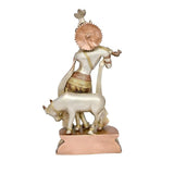 Krishna Murlidhar brass statue beside a calf, ornate crown and flute