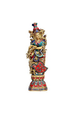 Messing Radha-Krishna Figur, seitliche Ansicht, türkis-blaue Details, roter Rock mit Muster