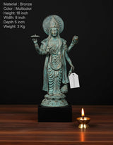 AONA vintage bronze Lord Vishnu standing idol with raised arms, halo, ornate jewelry