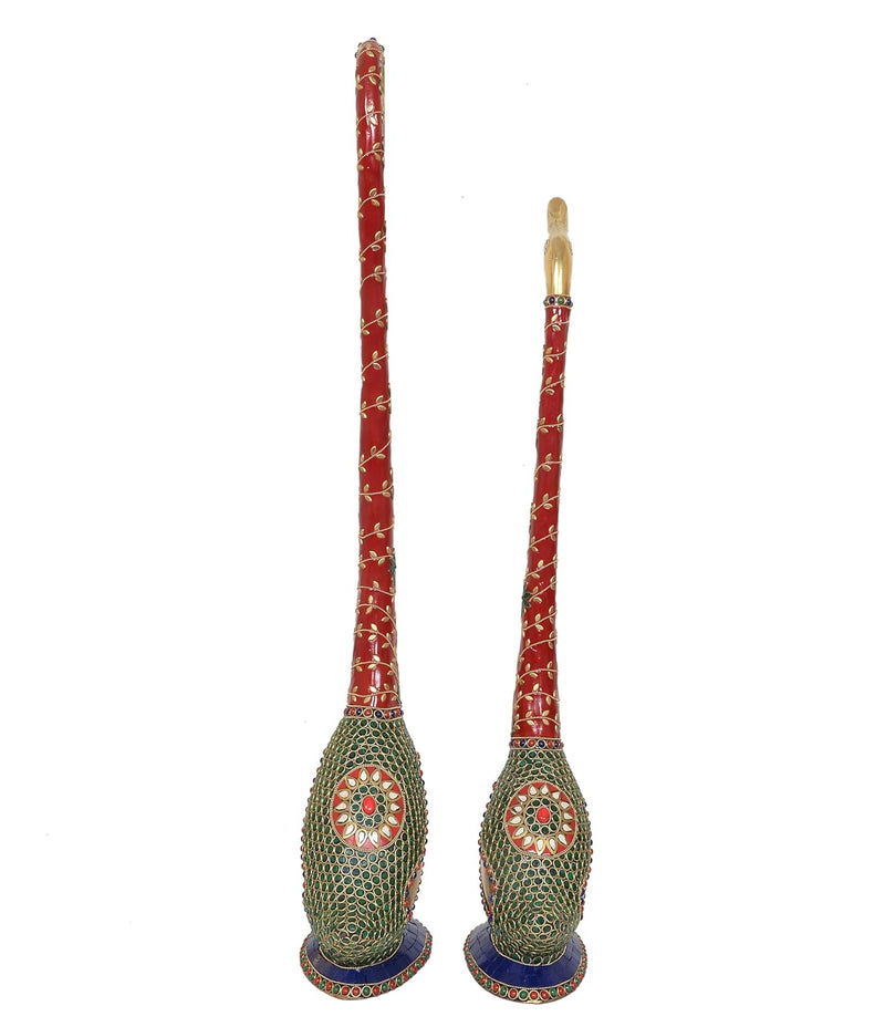 Tall swan pair statues with red necks and green mosaic bodies, blue bases, set of 2