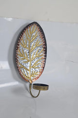 Oval iron leaf candle holder wall hanging with sculpted branches and black candle cup