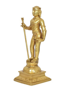Brass standing Kartikeya Murugan statue rear/side view holding spear