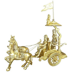 Brass Krishnarjun showpiece statue: chariot with flag, four horses, gold-tone detail