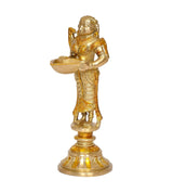 Gold brass Deeplakshmi statue with parrot, side view, holding an offering bowl