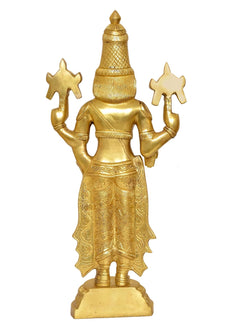 Brass Balaji idol back view, carved robe pattern, crown and raised hand emblems, base
