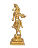 Rear view of brass Krishna flute-playing idol statue with fan-like crown