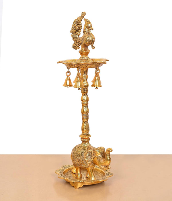 Metal Golden Peacock Oil Lamp Diya Stand (Height: 20 Inch) Study Setting