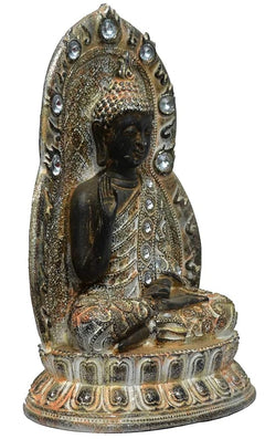 Resin Buddha idol front view, dark stone-like figure, jeweled border on halo, 31 cm