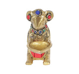 Vorderansicht der Messing-Ganesha-Maus-Statue mit Öllampe in der Vorderpfote