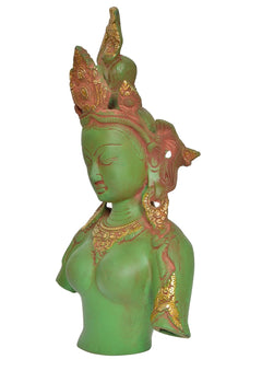 Green Tara Devi bust statue in profile, red-gold headdress and jewelry