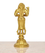 Brass Lakshmi deepam diya back view: detailed frame and base, 8 inch