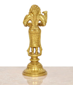 Brass Lakshmi deepam diya back view: detailed frame and base, 8 inch