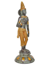 Brass Uma Parvati statue, hands posed near chest, gold crown and ornamented waist