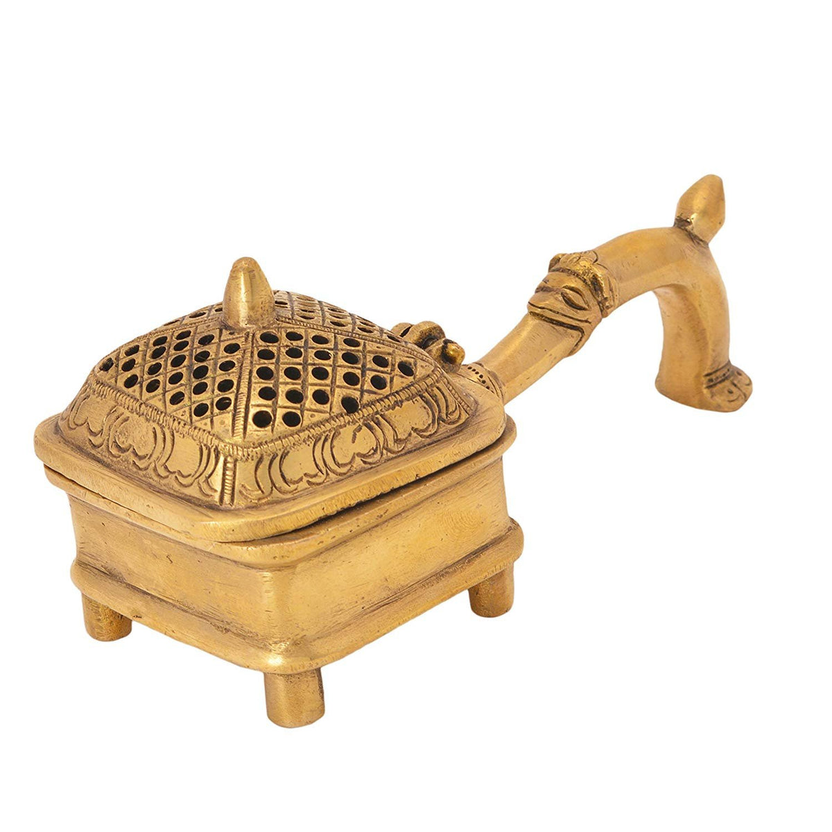 Brass incense agarbatti stand with arched handle and perforated top, 6cm height
