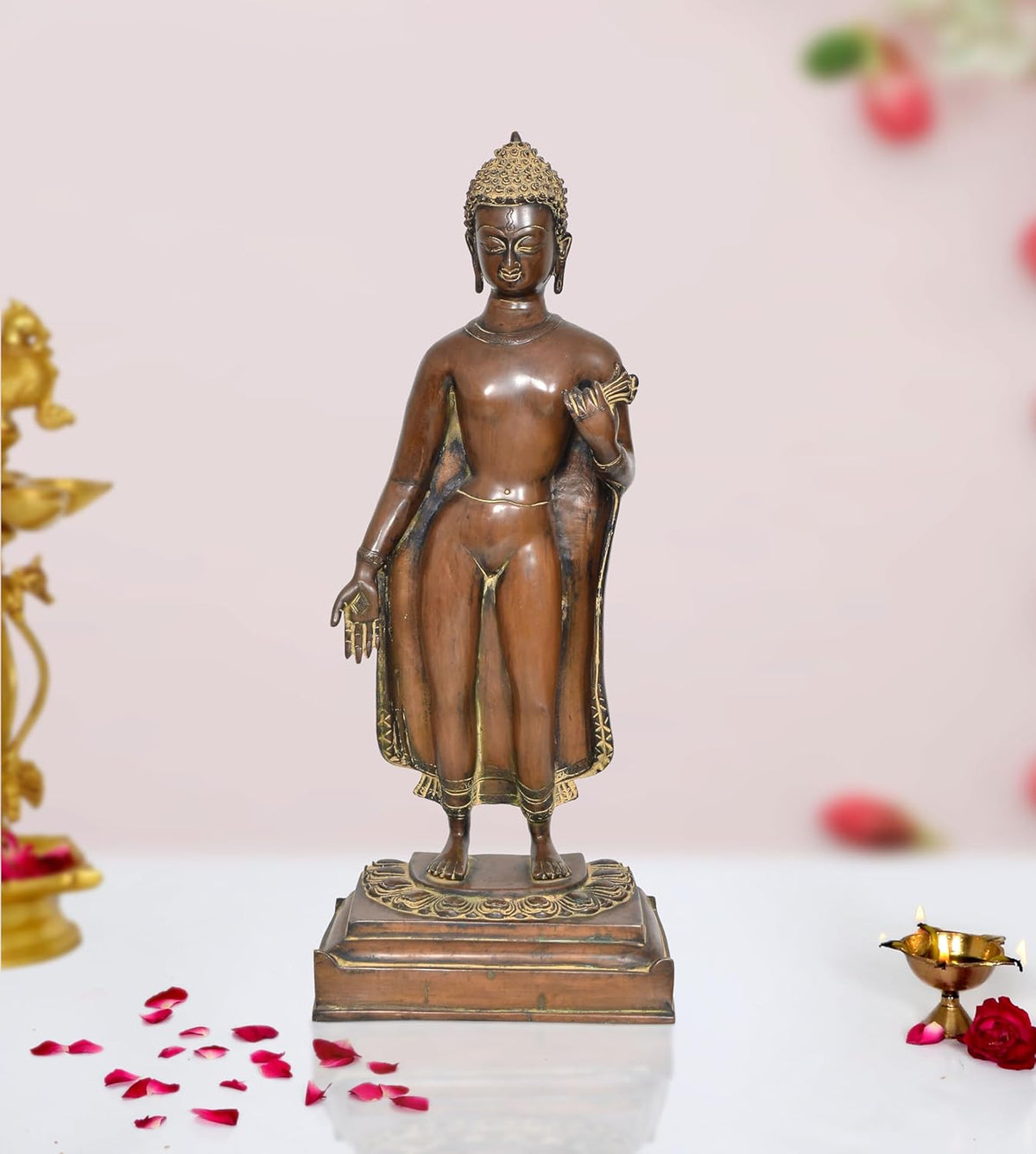 Brass standing Buddha statue with golden crown, blessing hand pose, 22 in