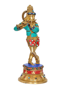 Brass Krishna playing flute idol statue, front-side view with blue stone details
