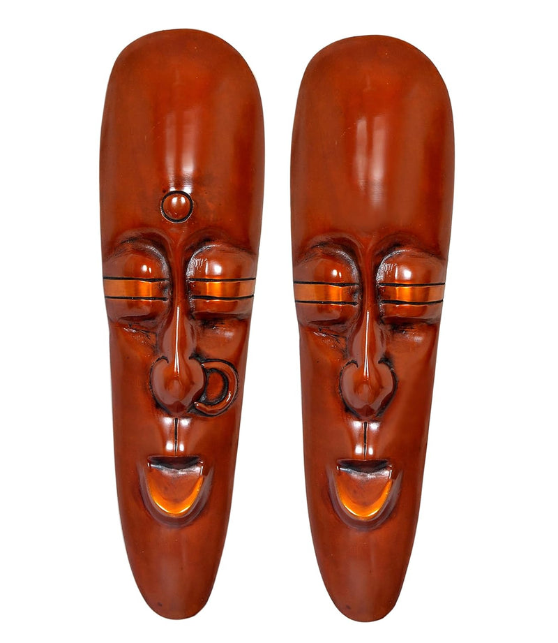 Brass Tribal Face Mask Wall Hanging - Set of 2 - Male and Female Faces Decor for Home or Office (Height 8 Inch)