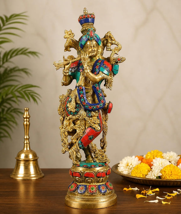 Brass Lord Krishna Idol Playing Flute Figurine, Multicolor, Religious Theme (Height:15 Inches)