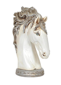 White polyresin horse head decor with flowing mane and silver-gray accents on base