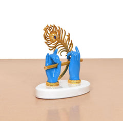 Resin Blue Krishna Ji hands playing flute, gold accents, peacock head, white base