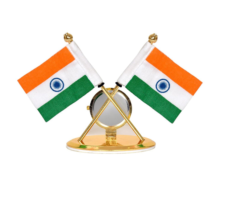 Metal Indian Flag With Watch for Car Dashboard (Height: 3.5 inch)