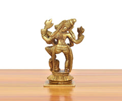 Golden brass Varaha-Lakshmi statue, rear angle; detailed back ornaments and arms