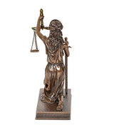 Resin Lady Justice back view holding scales and sword, chain details, bronze-toned finish