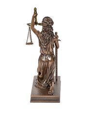 Resin Lady Justice back view holding scales and sword, chain details, bronze-toned finish