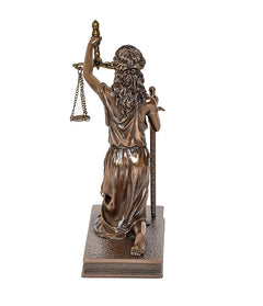 Resin Lady Justice back view holding scales and sword, chain details, bronze-toned finish