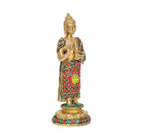 Brass standing Buddha idol, Abhaya mudra hand gesture, red robe with turquoise and gold trim