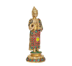 Brass standing Buddha idol, Abhaya mudra hand gesture, red robe with turquoise and gold trim