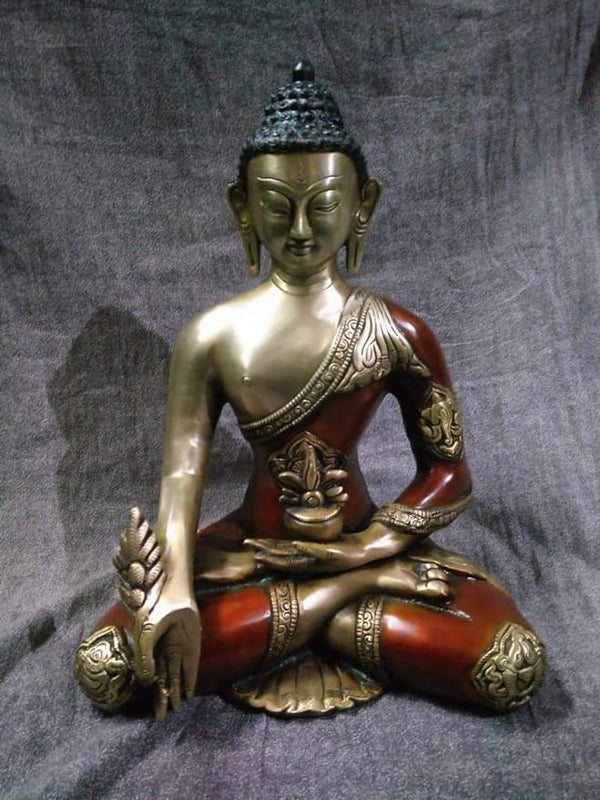 Buddha Statue Enlightenment Pose Brass Idol Red Color Antique Decor Height 11 Inches