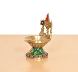 Brass Tirupati Balaji diya (6 inch) side view; green base with gold bowl and colorful trim.