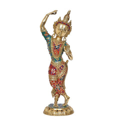 Dancing Tara Devi figurine with raised arm, brass base and multicolor enamel accents