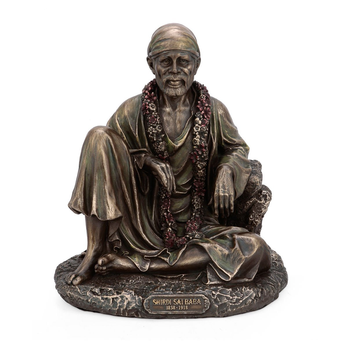 Resin Shirdi Sai Baba statue, seated figure with flower garlands and robe