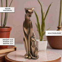 Resin cat family idol, mother cat with two kittens, metallic bronze, 8.5 in height